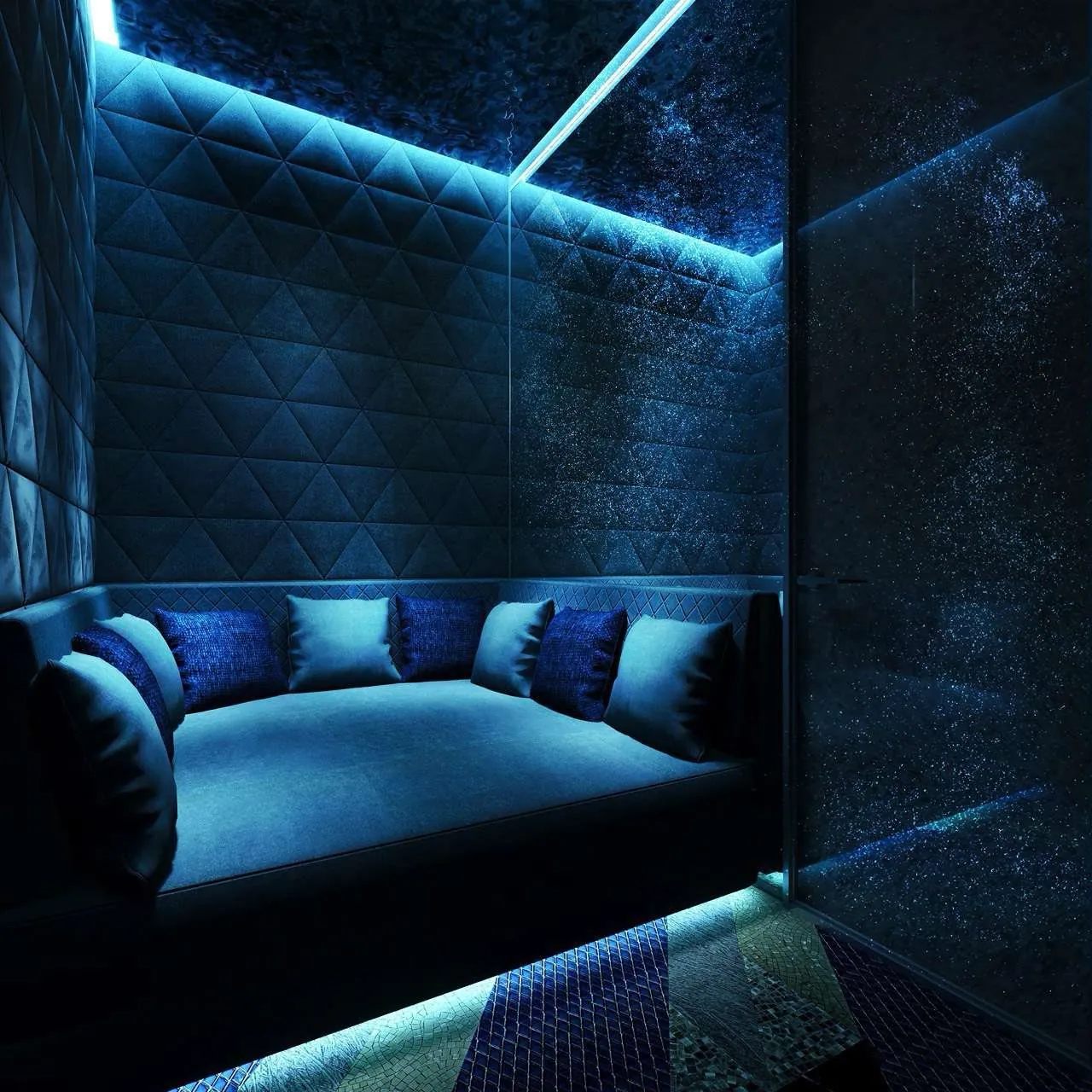 Party Room に隠し扉でつながる個室。ブルーのキルティングのソファ